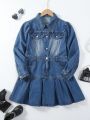 Teen Girls' Streetwear Dark Washed Blue Long Sleeve Denim Dress With Pleats