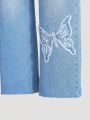 Girls' Butterfly Embroidery Straight Leg Jeans, Teenagers