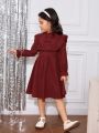 SHEIN Kids FANZEY Young Girl Solid Color Stand Collar Dress With Ruffle Detail