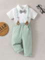 Baby Boy Short Sleeve Shirt + Casual Overall Pants 2pcs/Set, Suitable For Birthday Parties, Evening Parties, Performances, Weddings, Baptisms And First Birthday