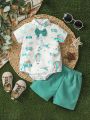 Toddler Boys' England-Style Gentleman Outfit, Bow Tie Collared Shirt & Shortalls, For Cute, Casual, Fashionable Party Outfit In Spring And Summer