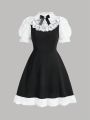SHEIN Teen Girl Knitted Patchwork Lace & Bowknot Decor Bubble Sleeve Dress