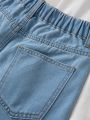 SHEIN Kids KDOMO Girls' Embroidered Heart Design Folded Hem Multi-pocket Denim Shorts - For Older Girls