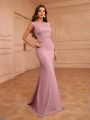 SHEIN Belle Bridesmaid Dress With Beaded Embroidery Flower Applique On Shoulder, Hollow Back And Mermaid