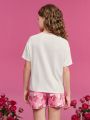 TOM & JERRY X SHEIN Tween Girl Cartoon Graphic T-Shirt & Heart & Letter Print Shorts Pajama