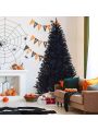 Gymax 7.5FT Artificial Halloween Christmas Tree Hinged Pine Tree Holiday Decoration Black