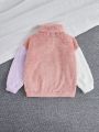 SHEIN Kids EVRYDAY Tween Girl Heart Embroidery Colorblock Turtleneck Drop Shoulder Fuzzy Sweatshirt