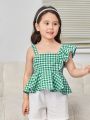 SHEIN Little Girls' Casual Cute Plaid Asymmetrical Collar Shirt