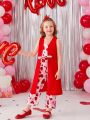 SHEIN Kids CHARMNG Toddler Girls' Heart Printed Jumpsuit And Open Front Vest Two Piece Set