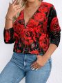 SHEIN LUNE Plus Size Women's Floral Print Long Sleeve T-Shirt