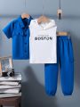 SHEIN Kids EVRYDAY Young Boy's 3pcs/Set Casual Suit Including Short-Sleeved Shirt With Pockets, Hooded Sweatshirt Jacket And Pants