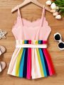 SHEIN Kids SUNSHNE Tween Girl Solid Color & Splicing Casual Strap Romper With Short Pants