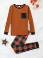 SHEIN Kids Nujoom Tween Boy Pocket Patched Tee & Plaid Print Pants PJ Set