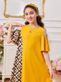 SHEIN Kids CHARMNG Tween Girl's Round Neck Hollow Out Shoulder & Ruffle Sleeve Retro Pattern Patchwork Color Block Dress