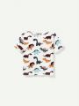 Cozy Cub Infant Boys' Cartoon Dinosaur Pattern Short Sleeve T-Shirt With Bowknot Decor And Casual Shorts Set