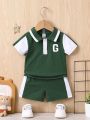 Baby Boy Letter Graphic Contrast Sleeve Polo Shirt & Shorts