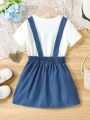 SHEIN Kids EVRYDAY Young Girl's 1pc Denim Printed Mid-Length Suspender Dress, Summer
