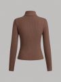 SHEIN Set Of 2 Ribbed Knitted Solid Color High Neck Casual Long Sleeve T-Shirts For Teen Girls