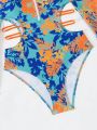 SHEIN Swim SPRTY Women's Floral Printed Long Sleeve One-Piece Swimsuit