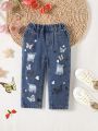 Baby Girl's Cute Outdoor Butterfly Printed Ripped Jeans