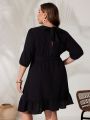 SHEIN VCAY Plus Size Round Neck Lantern Sleeve A-line Dress With Belt