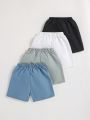 SHEIN Kids EVRYDAY 4pcs Young Boy Casual Sporty Elastic Waistband Street Style Shorts Set In White, Green, Blue And Black. Suitable For Daily, School, Sports, Spring And Summer.
