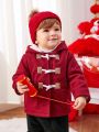 SHEIN Infant Boys' Hooded Mid-length Woolen Coat With Fleece Lining