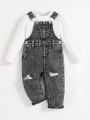 SHEIN Infant Boys' Carbon Grey Distressed Denim Jumpsuit With Small Rips And Snow Wash For Street Fashion Look