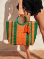 SHEIN VCAY Tassel Women's Tote Bag Simple And Fashionable Multifunctional Large Capacity Woven Bag,Straw Bag,Perfect For Summer Beach Travel Vacation,For Outdoor,Holiday