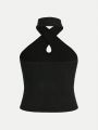 SHEIN Female Teenagers' Casual Knitted Solid Color Ribbed Crossover Halter Top