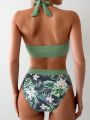 SHEIN Swim Classy Women's Tropical Plant Print Crisscross Halter Neck Bikini Set
