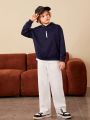 SHEIN Tween Boys' Casual Drawstring Waist Decor Woven Label Straight Leg Solid Color Pants