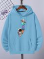 Men's Plus Size Astronaut & Planet Printed Hooded Sweatshirt With Drawstring And Fleece Lining