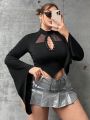 SHEIN ICON Plus Size Fishnet Hollow Out Bell Sleeve T-shirt