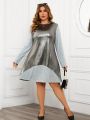 Women's Plus Size Color Block Loose Fit Casual Long Sleeve Dress With Round Neckline