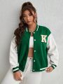 SHEIN Essnce Plus Size Color Block Baseball Jacket With Letter Patch