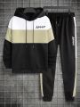 Men's Color Block Letter Print Hooded Sweatshirt And Sweatpants Set With Drawstring
