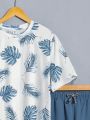 SHEIN Teen Boy's Casual & Sporty Plant And Leaves Printed Crew Neck Knit Short Sleeve T-Shirt And Woven Shorts Set
