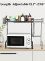 Microwave Stand, Extendable Oven Rack, Heavy-Duty and Adjustable, Toaster Shelf with 4 Hooks and Utensil Holder, Kitchen Counter Top Organizer (L15.7~23.6