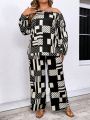 Plus Size Plaid Pattern Printed Long Sleeve Top And Long Pants Set