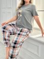 Plus Size Cute Bear & Letter Printed Top And Checkered Pants Pajama Set