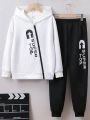 SHEIN Kids EVRYDAY Teen Boys' Zipper Hooded Sweatshirt And Sweatpants Set