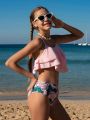 Teen Girls' Layered Ruffle Trimmed Cami Top & Tropical Printed Triangle Bikini Set