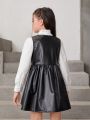SHEIN Kids EVRYDAY Tween Girl Button Front PU Leather Smock Dress Without Blouse