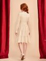 SHEIN Kids FANZEY Big Girls' Elegant Woven Colorblock Patchwork Jacquard Stand Collar One-piece Dress