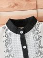 Baby Boy Spring/Summer New Casual Simple Black & White Stand Collar Short Sleeve Top And Shorts Set