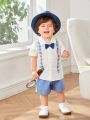 SHEIN Baby Boy's Casual Gentleman Style Plaid Color Block Bowtie Short Sleeve Shirt With Elastic Waist Shorts Set