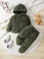 Baby Boys' Velvet Hoodie And Pants Set With Letter Embroidery For Autumn