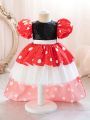 Baby Girls' Patchwork Glitter Mesh Polka Dot Printed Party Dress With Puff Sleeves