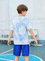 SHEIN Tween Boys' Loose Fit Casual Tie-Dye Slogan Print Round Neck Short Sleeve T-Shirt & Solid Color Shorts Set